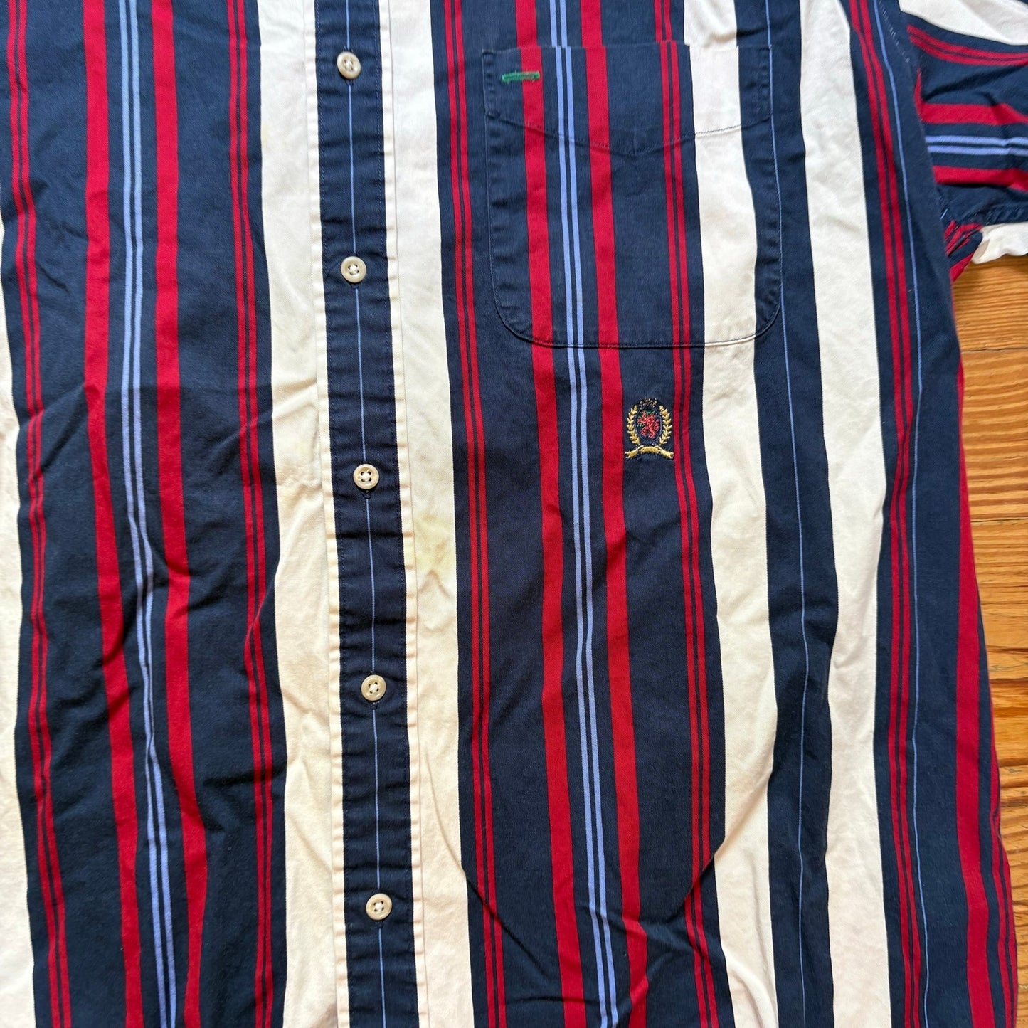 Tommy Hilfiger red white blue striped short sleeve button up shirt SIZE L