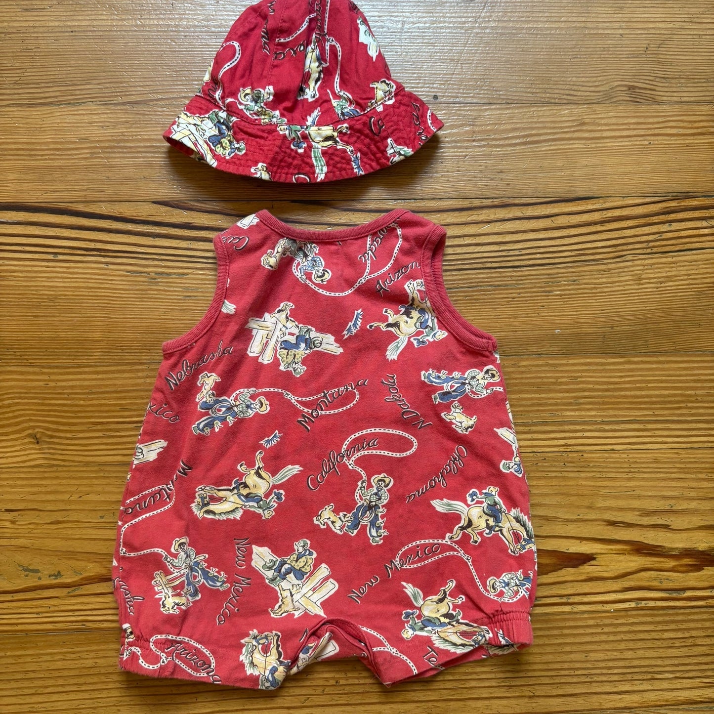 Gap vintage red western cowboy graphic matching hat one piece romper SIZE 3-6M