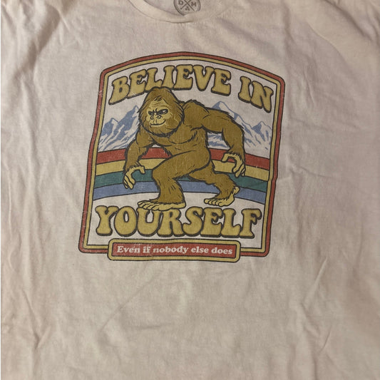 DOM white Believe in Yourself Sasquach short sleeve graphic shirt SIZE XXL