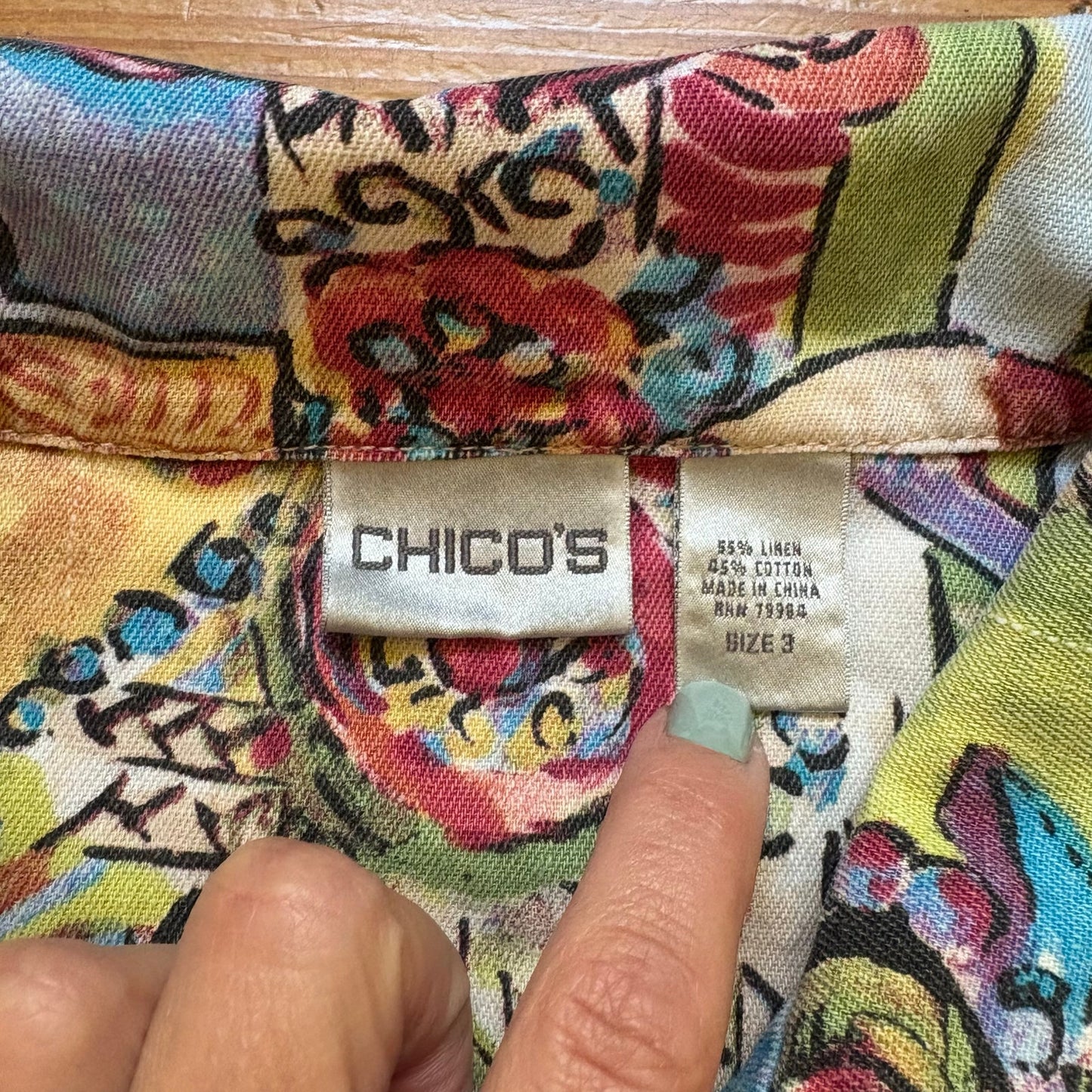 Chico's colorful abstract faces button up long sleeve linen women shirt SIZE 16