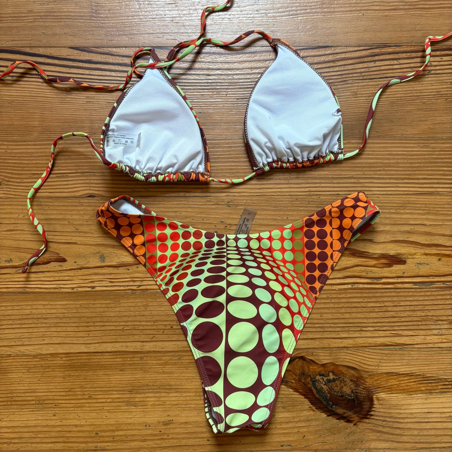 Shein orange green brown spotted cheeky string bikini SIZE L