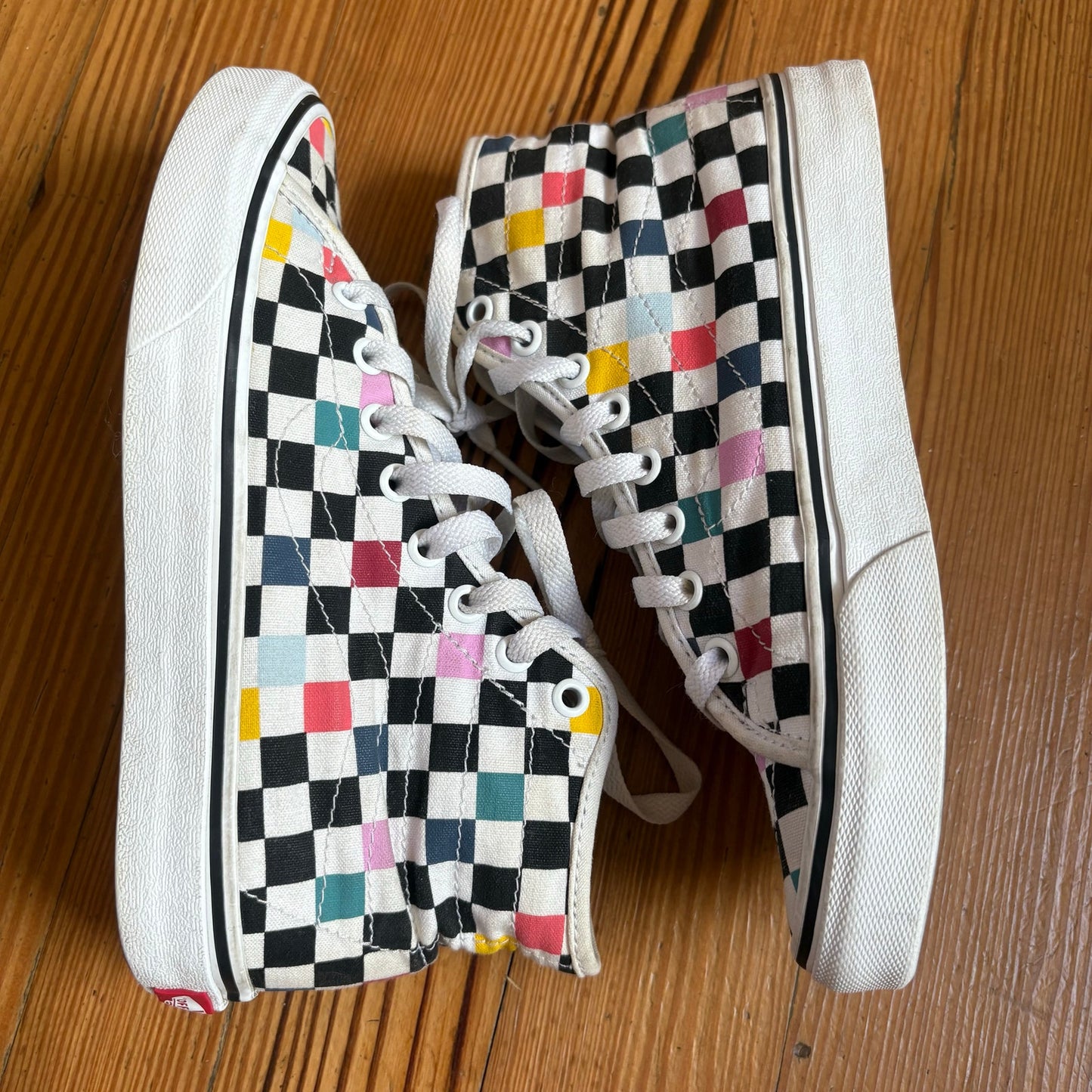 VANS black white checkered colorful high top unisex sneakers SIZE M5.5 W7