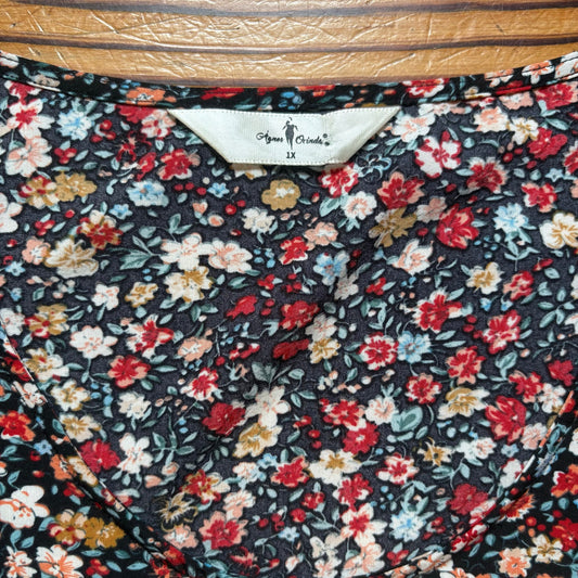 Agnes Orinda black floral long sleeve adjustable waist tunic shirt SIZE XL