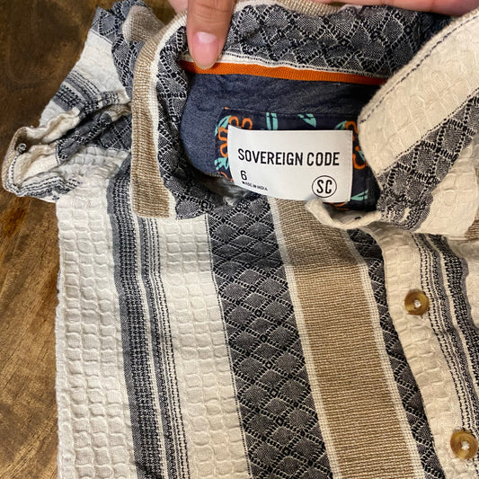 Sovereign Code neutral black striped short sleeve button up polo shirt SIZE 6