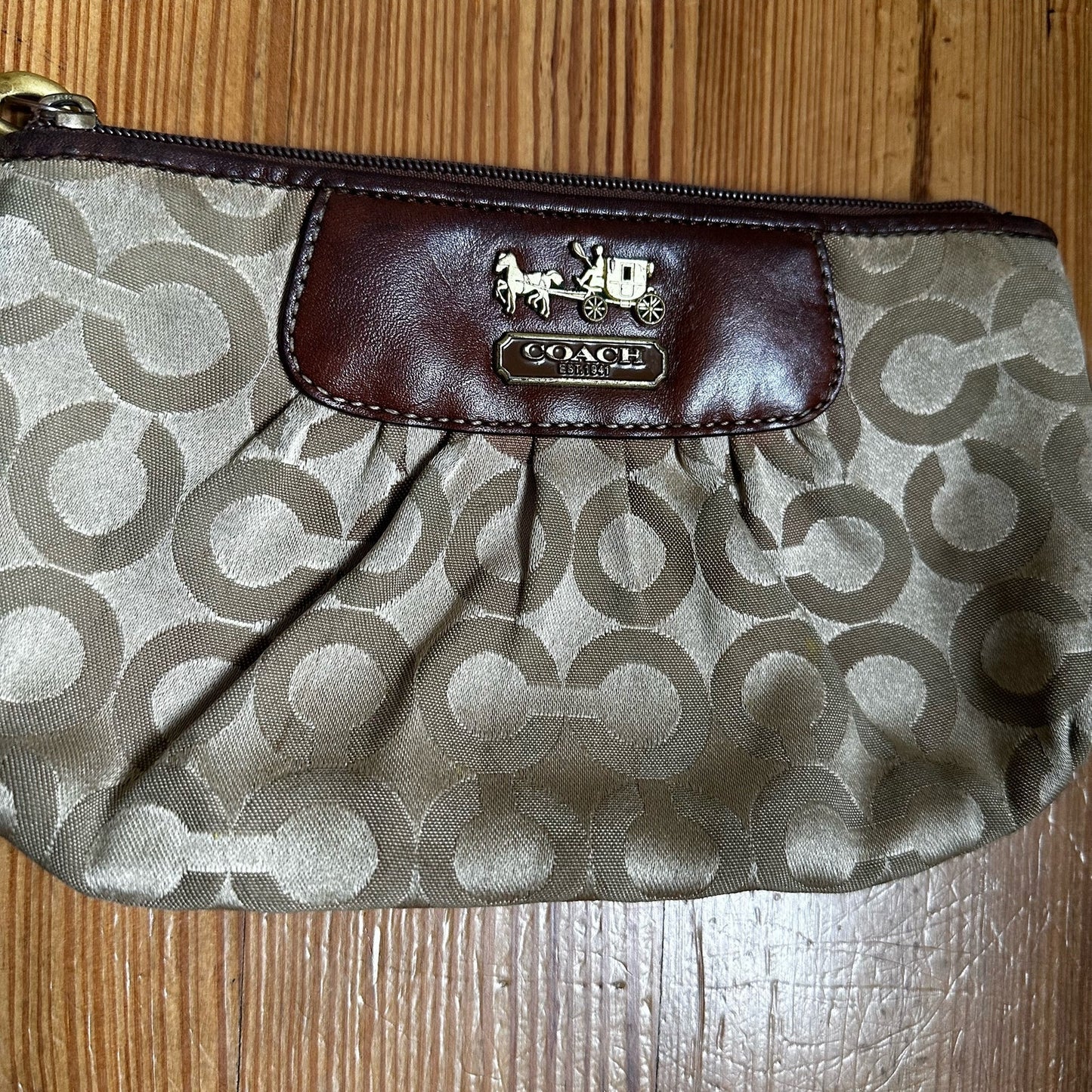 Coach brown leather canvas signature C wristlet