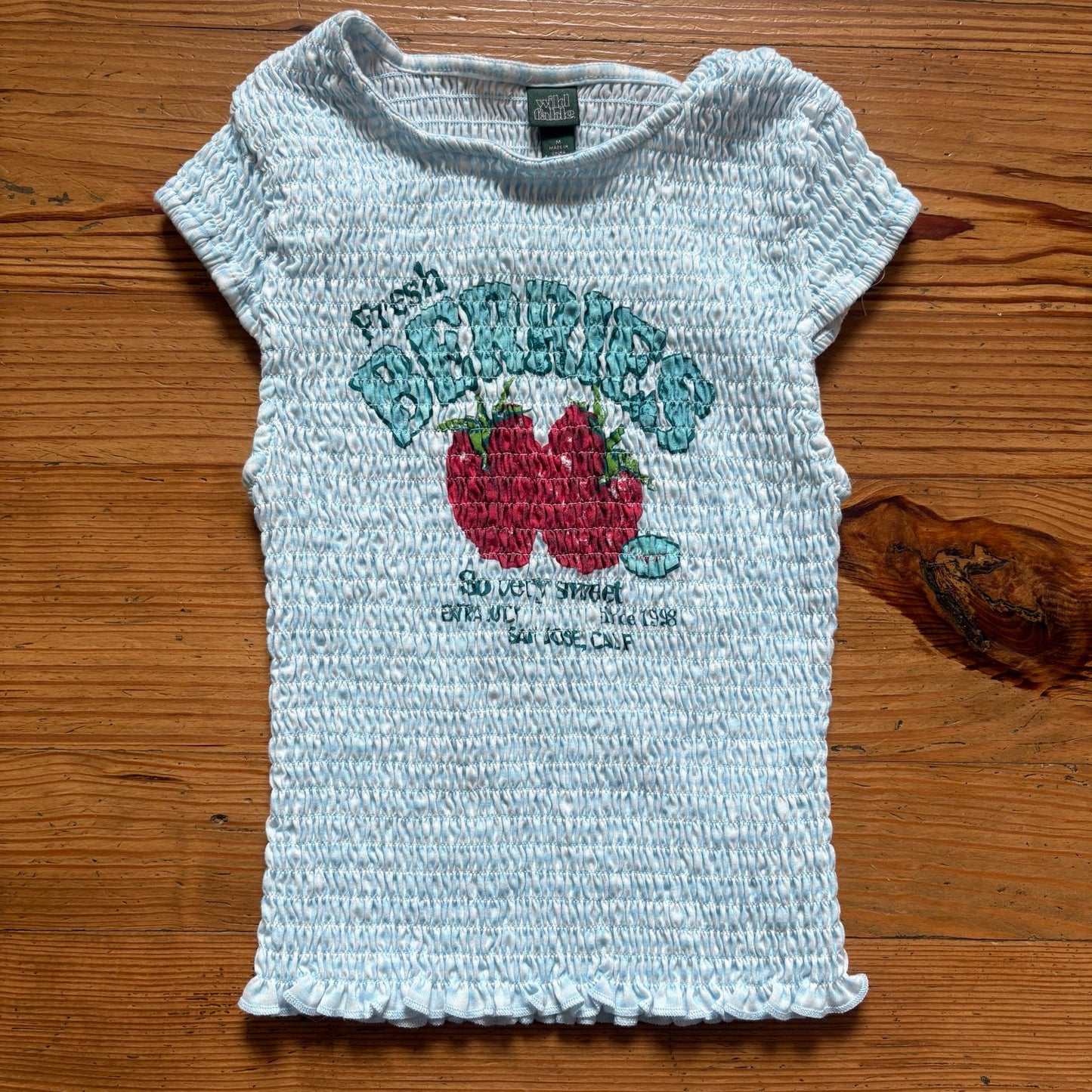 Wild Fable y2k light blue strawberry smocked short sleeve baby tee shirt SIZE M
