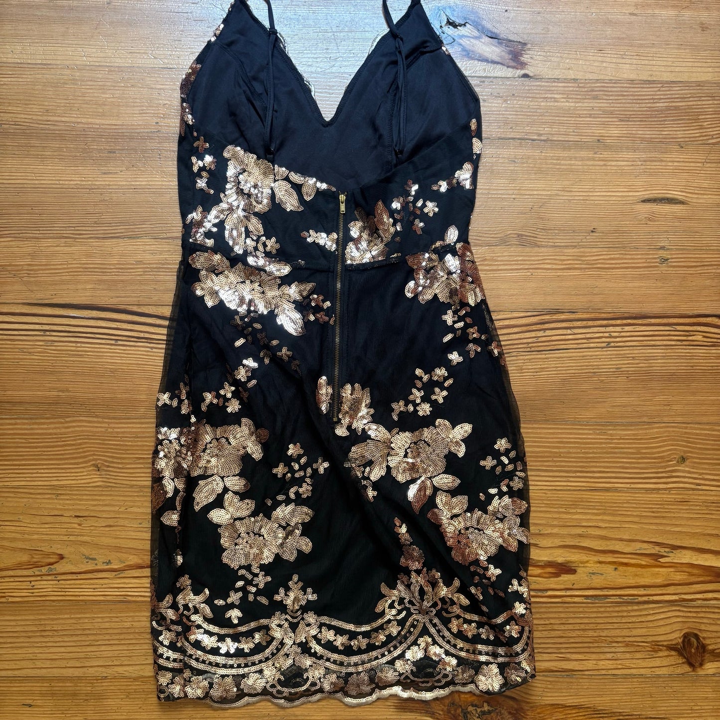 Shein black rose gold floral sequin mini dress SIZE L
