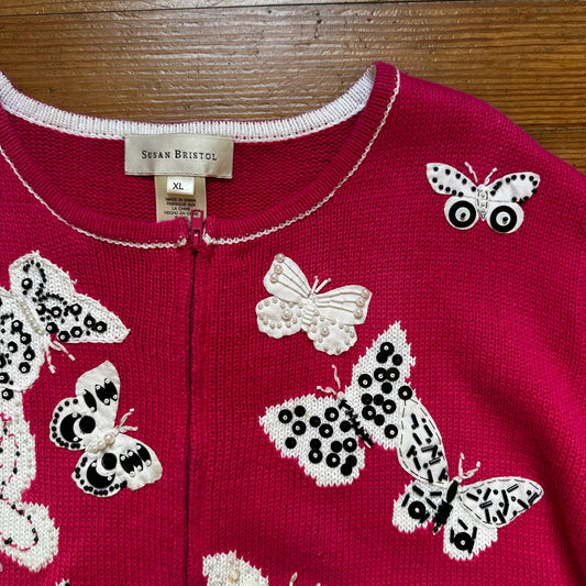 Susan Bristol vintage pink butterfly full zip short sleeve cardigan SIZE XL