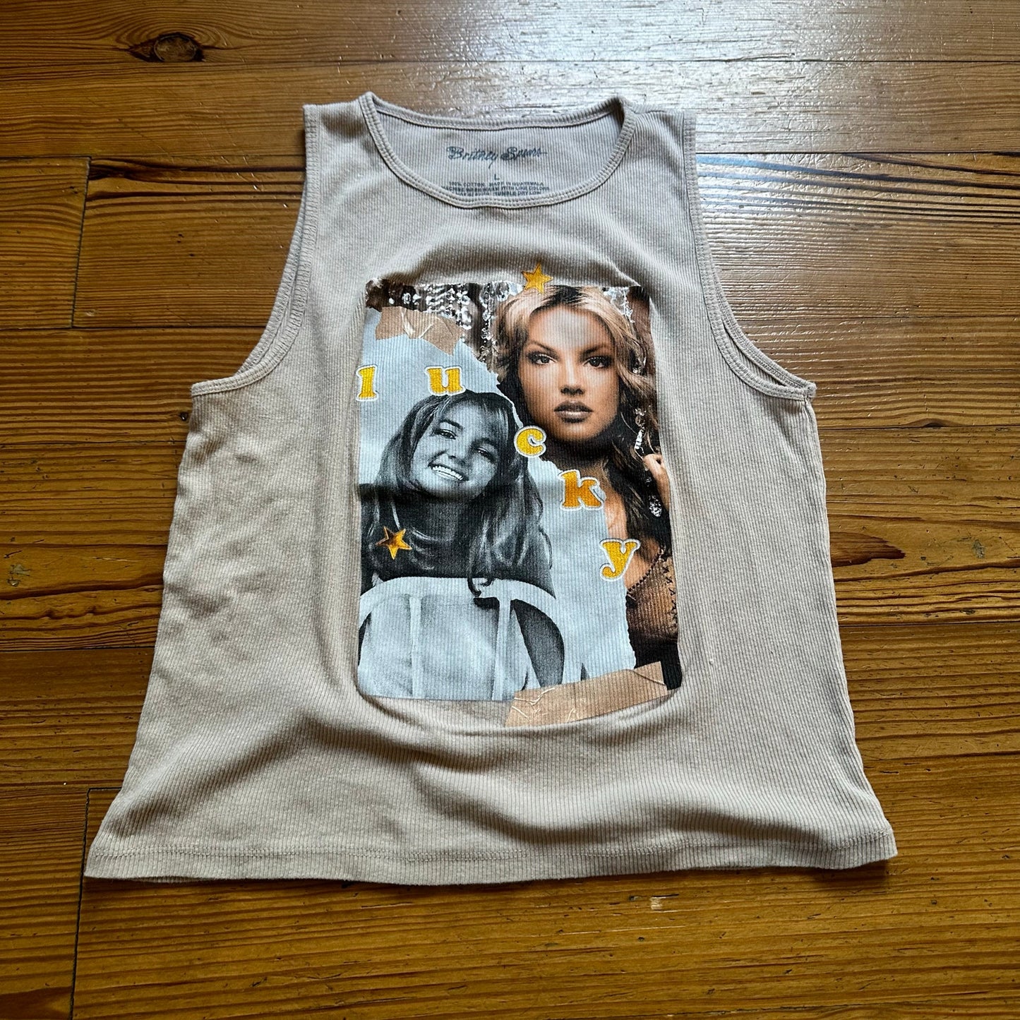 Britney Spears Lucky tan ribbed graphic y2k tank shirt SIZE L