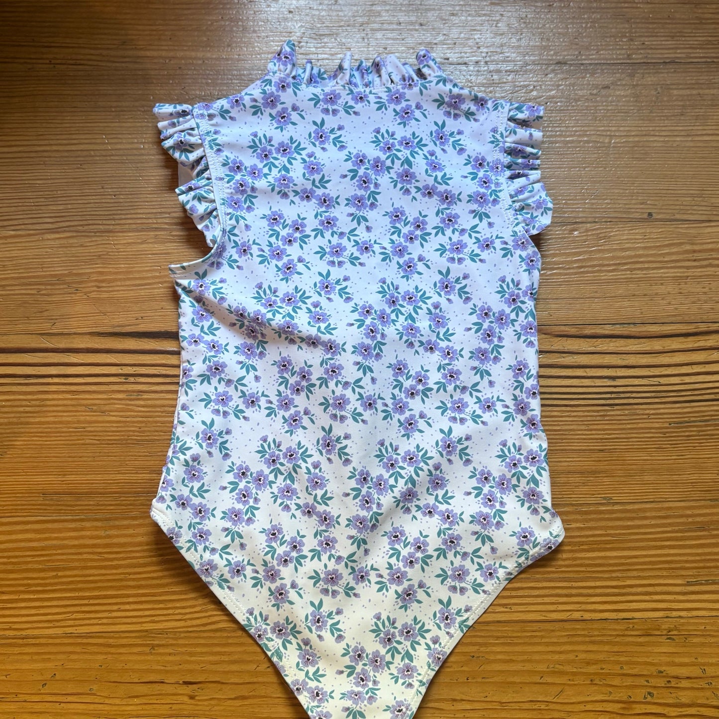 Shein white purple floral ruffle sleeve collar zip front swimsuit SIZE 6