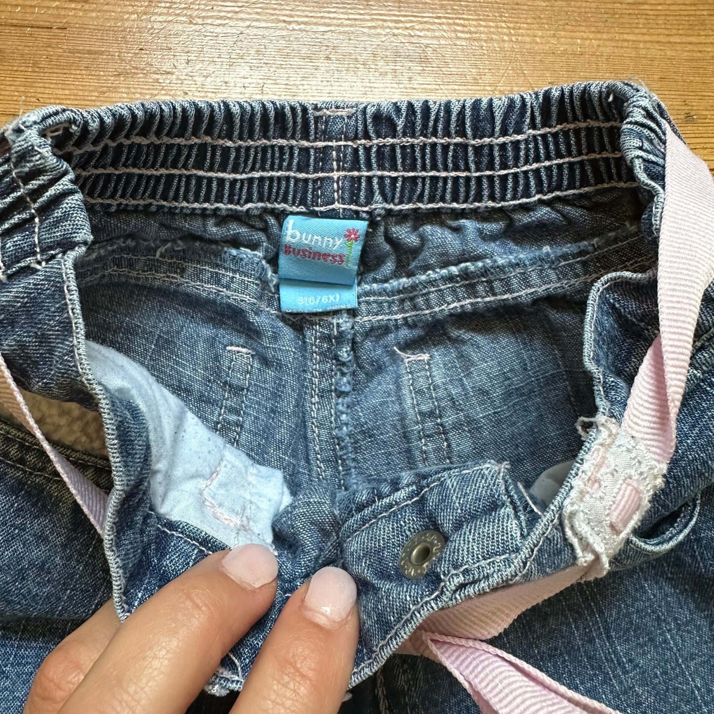 Bunny Business vintage pink lace seersucker medium wash wide leg jeans SIZE 6