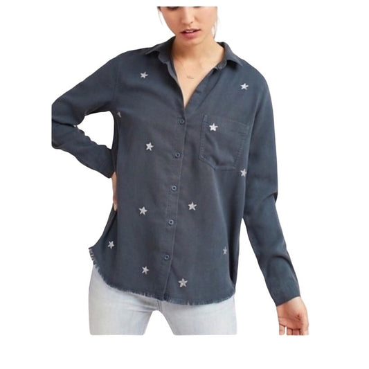 Cloth & Stone blue silver star plunge neckline button long sleeve shirt SIZE S