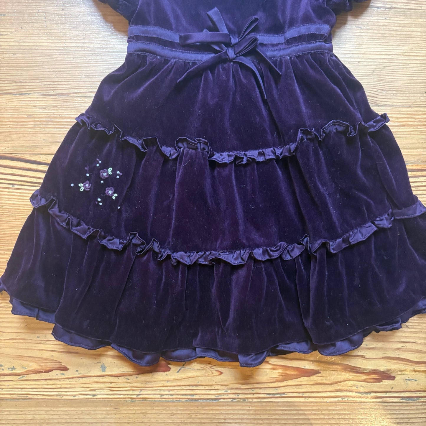 Little Bitty purple velvet short sleeve floral embroidered tiered dress SIZE 3T