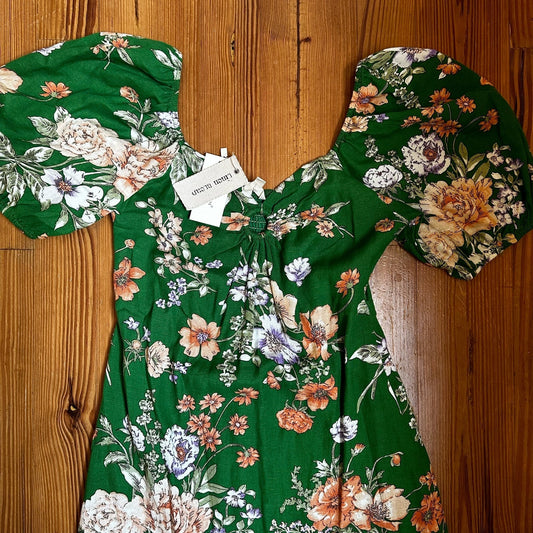 NWT Sim & Sam linen green floral puff sleeve mini dress SIZE L