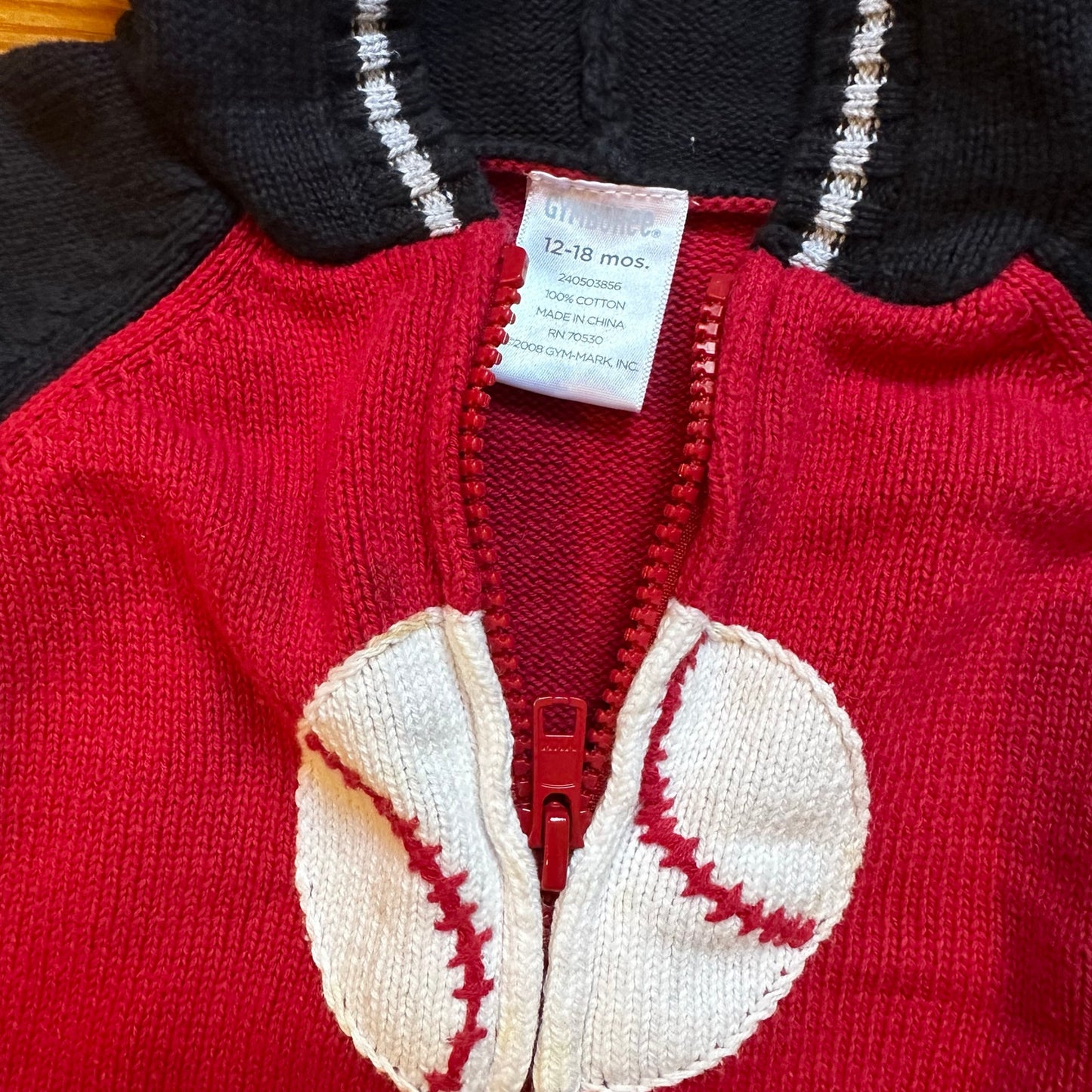 Gymboree red blue hooded full zip baseball knit sweater SIZE 12-18M