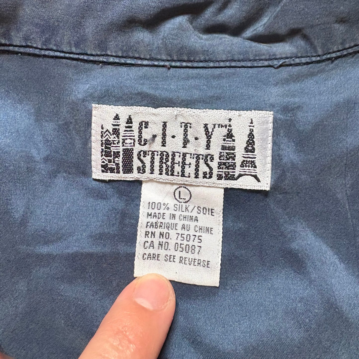 City Streets vintage blue silk long sleeve mens button up shirt SIZE L