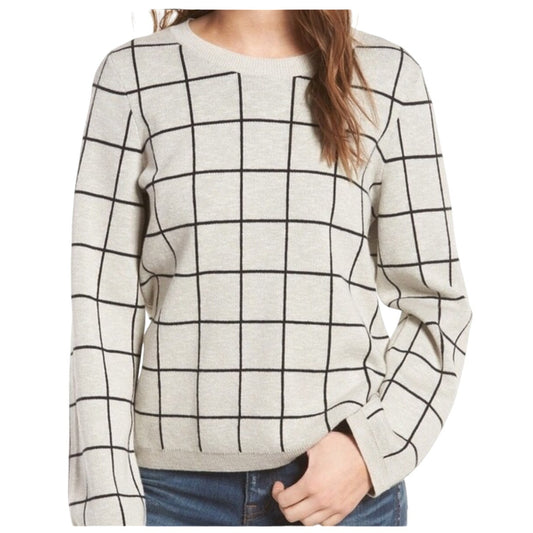 Madewell gray black checkered long sleeve crew lace back sweater SIZE XXS