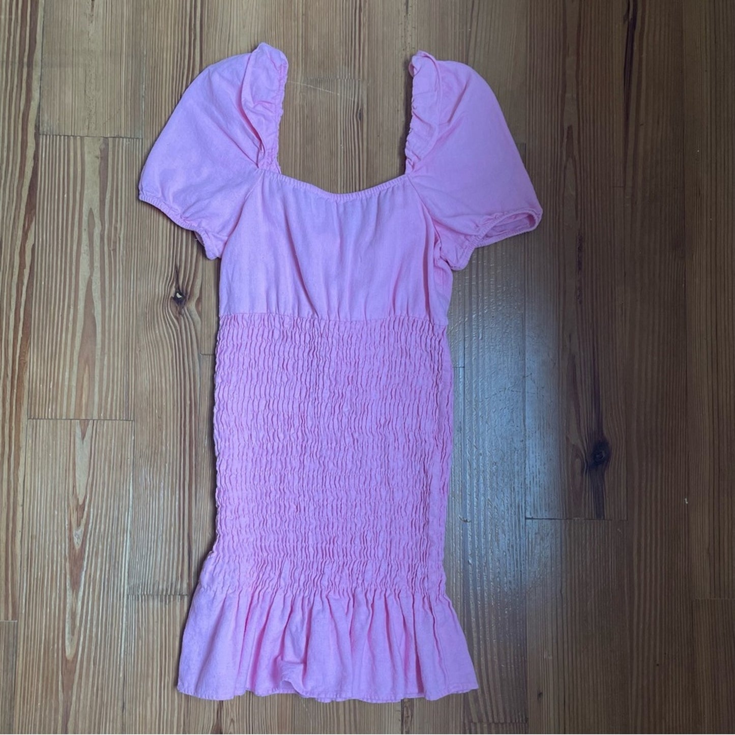 Zara pink linen blend smocked ruffle sleeve midi dress SIZE XS