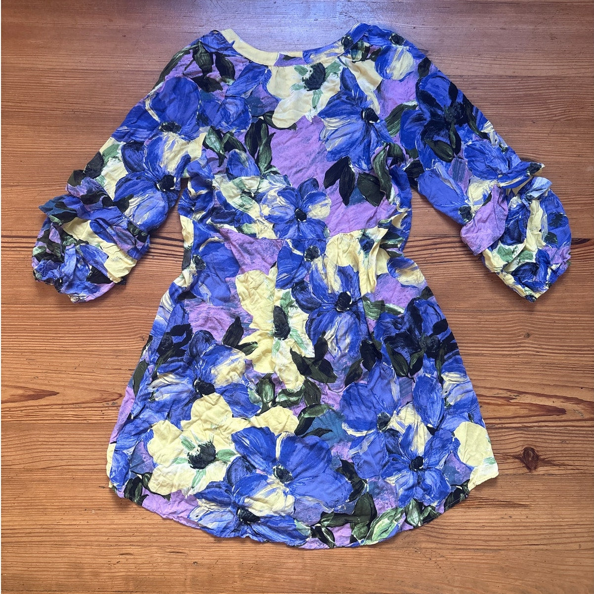 Fig & Flower purple floral ruffle quarter sleeve womens tunic blouse SIZE XL