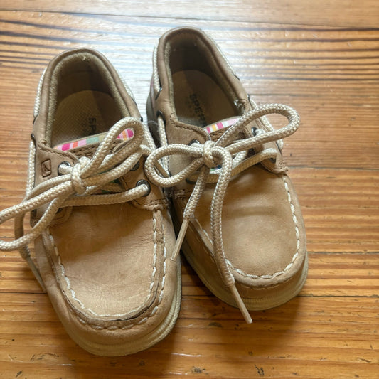 Sperry Top Sider tan leather pink plaid baby boat shoes SIZE 6.5