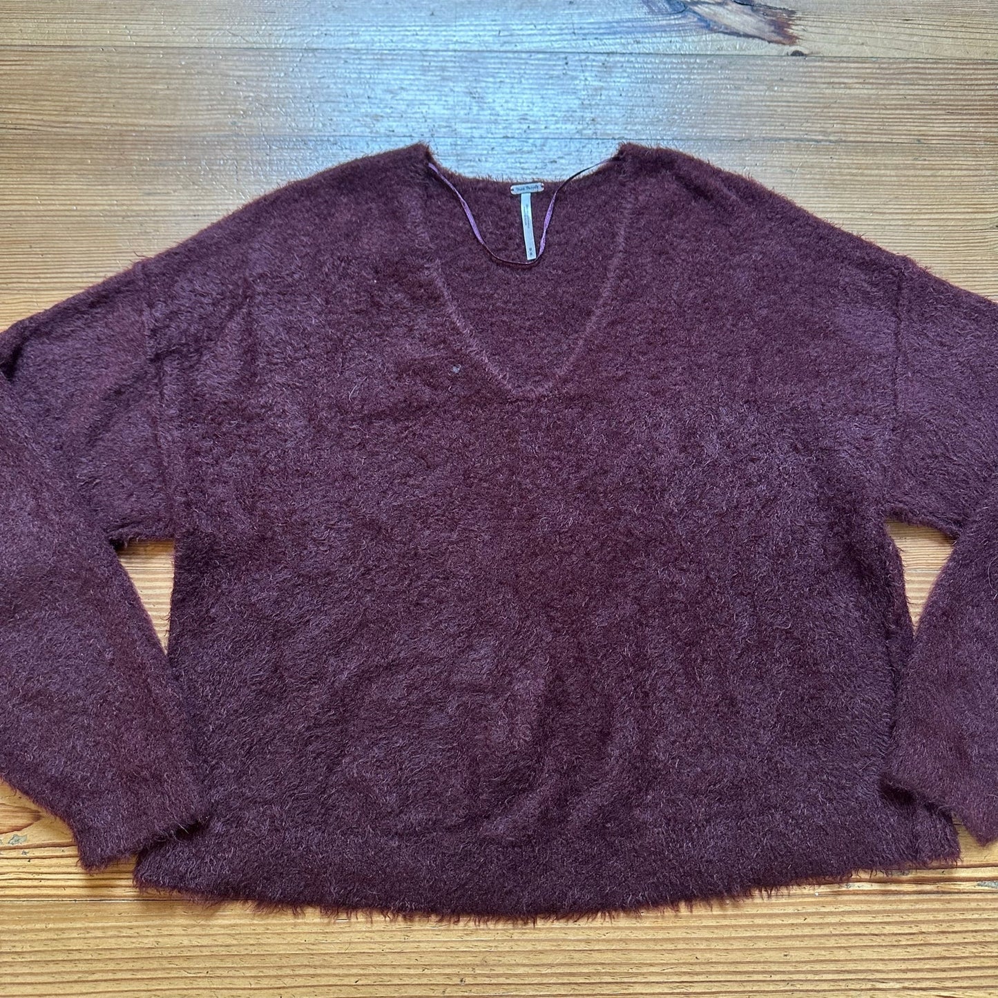 Free People dark red maroon V neck fuzzy pullover oversized sweater SIZE M