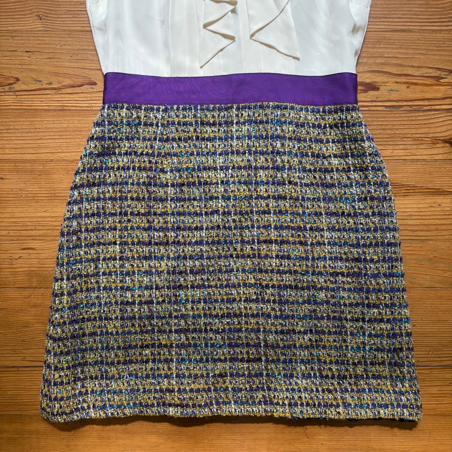 Kate Spade white silk bow purple tweed bottom sleeveless dress SIZE 12