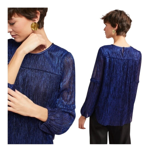Anthropologie Moulinette Soeurs blue ruffle metallic long sleeve blouse SIZE S