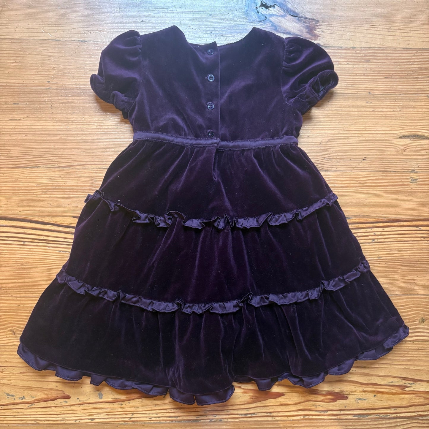Little Bitty purple velvet short sleeve floral embroidered tiered dress SIZE 3T