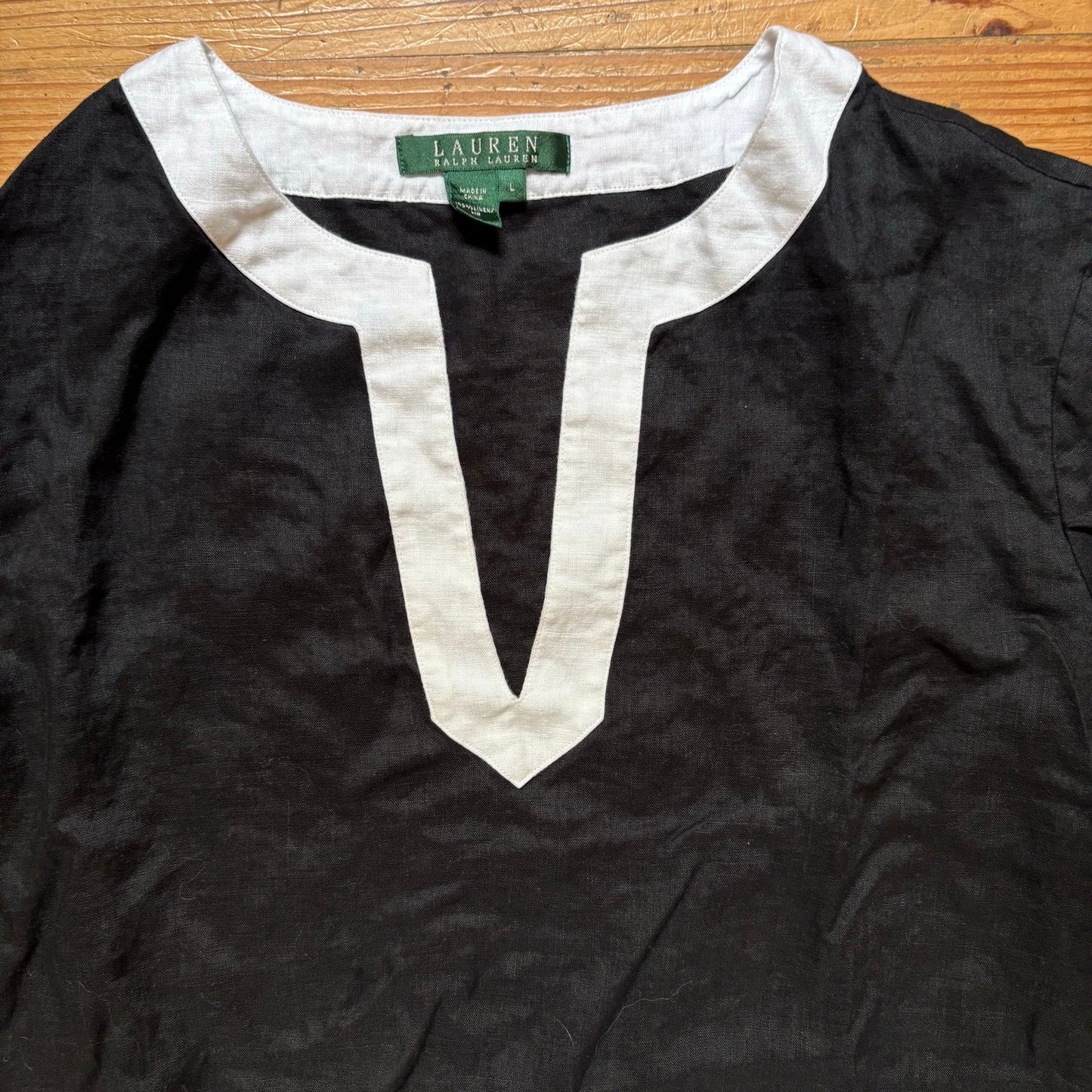 Ralph Lauren black white plunge neckline linen long sleeve tunic top SIZE L