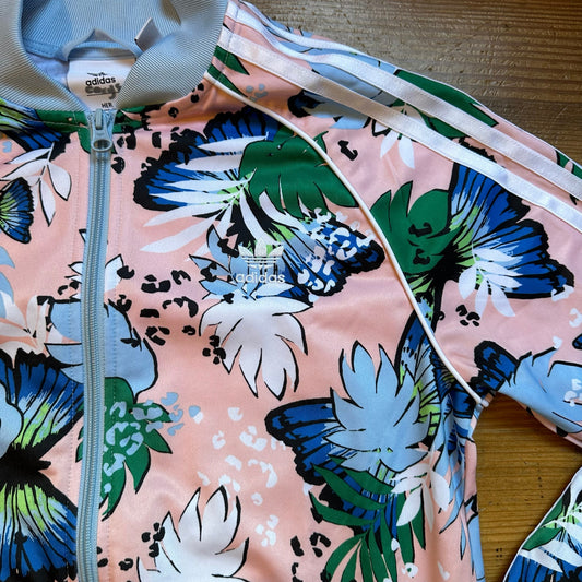 Adidas pink light blue pastel floral butterfly full zip jacket SIZE L