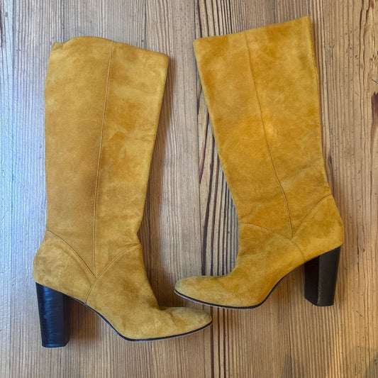 No.6 handmade butter yellow suede leather knee high heeled boots SIZE 9