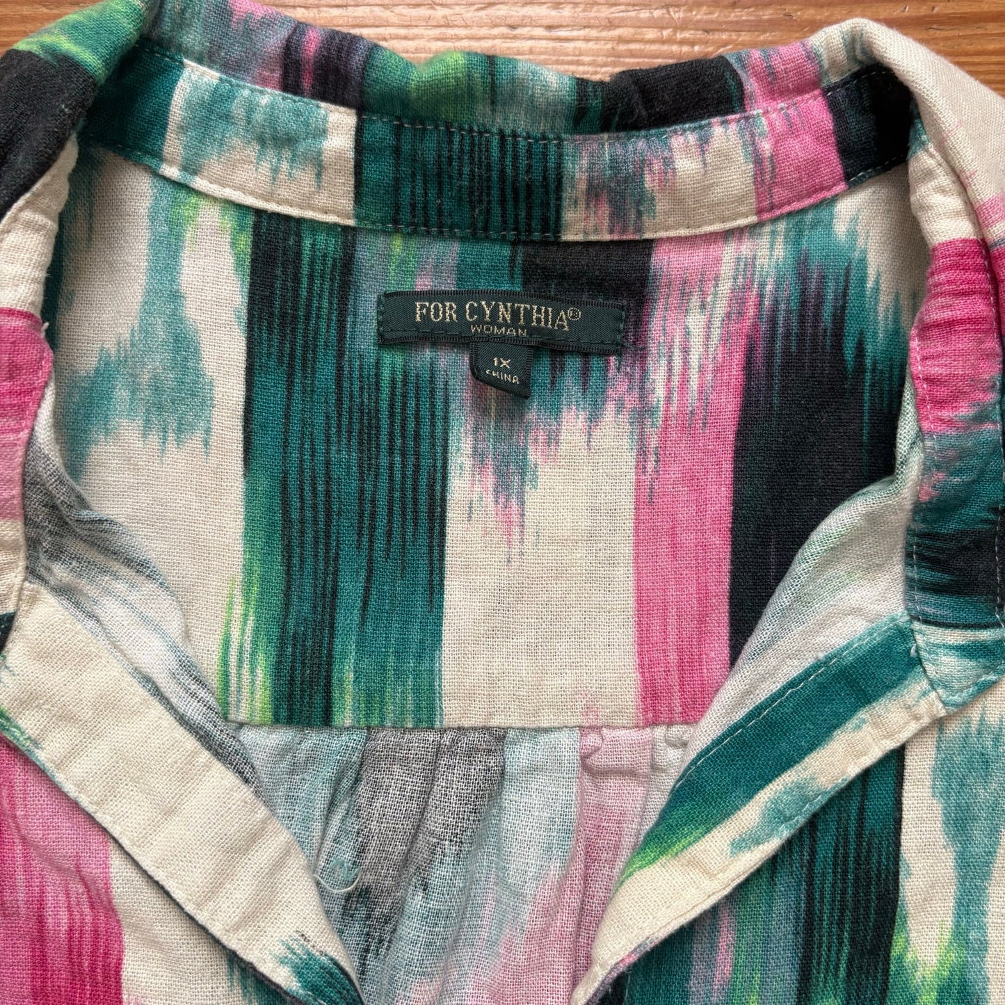 For Cynthia black pink colorful linen blend plunge neckline blouse shirt SIZE 1X