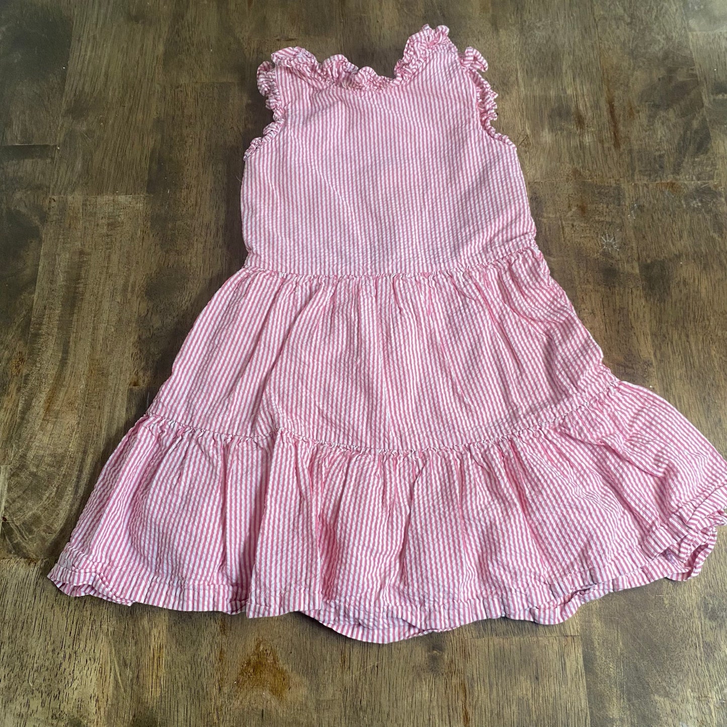 Polo Ralph Lauren red white seersucker ruffle collar tiered girls dress SIZE 5