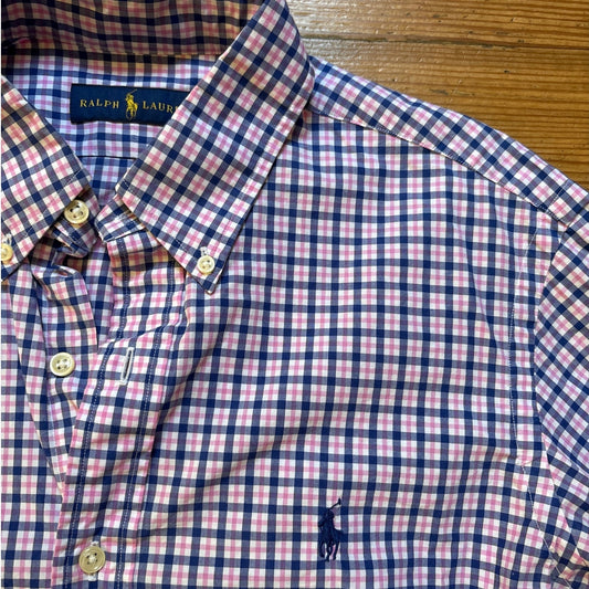 Ralph Lauren pink blue checkered long sleeve button up mens dress shirt SIZE M