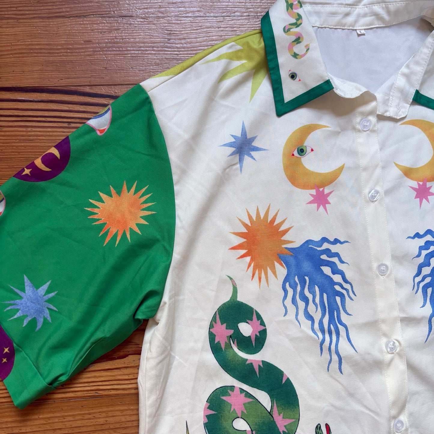 Shein white green dragon sun moon graphic short sleeve button up shirt SIZE L