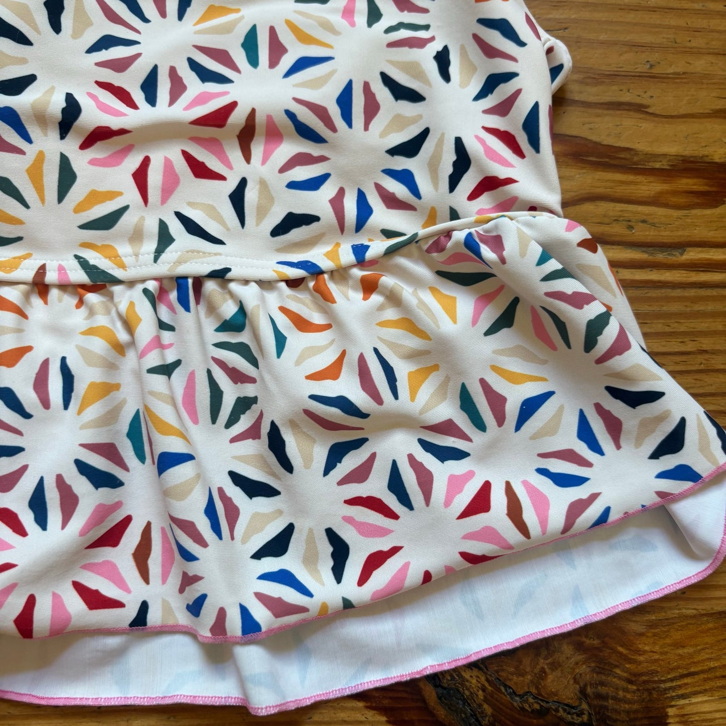 Pink Chicken white colorful geometric strap peplum swim top SIZE 10