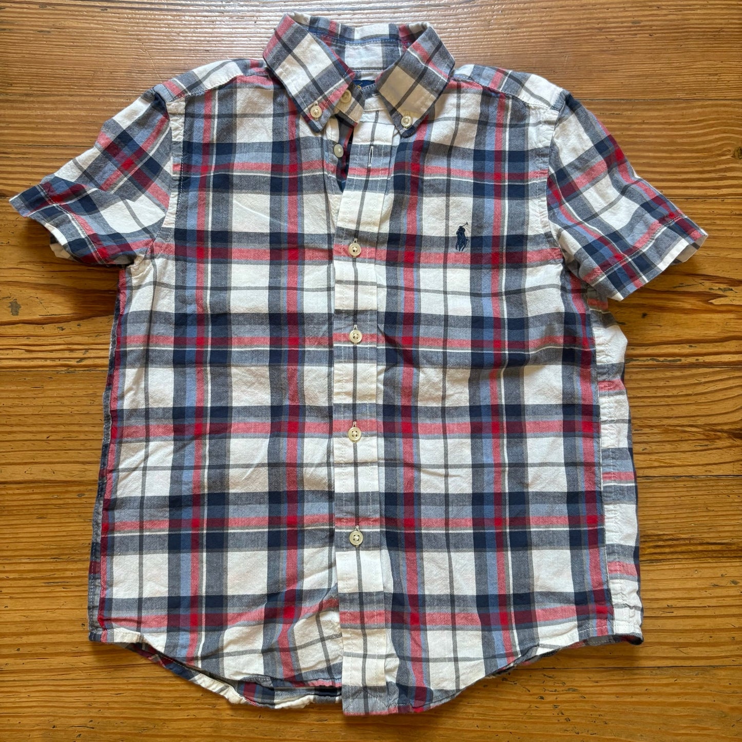 Ralph Lauren blue white red plaid short sleeve button up boys polo shirt SIZE 6