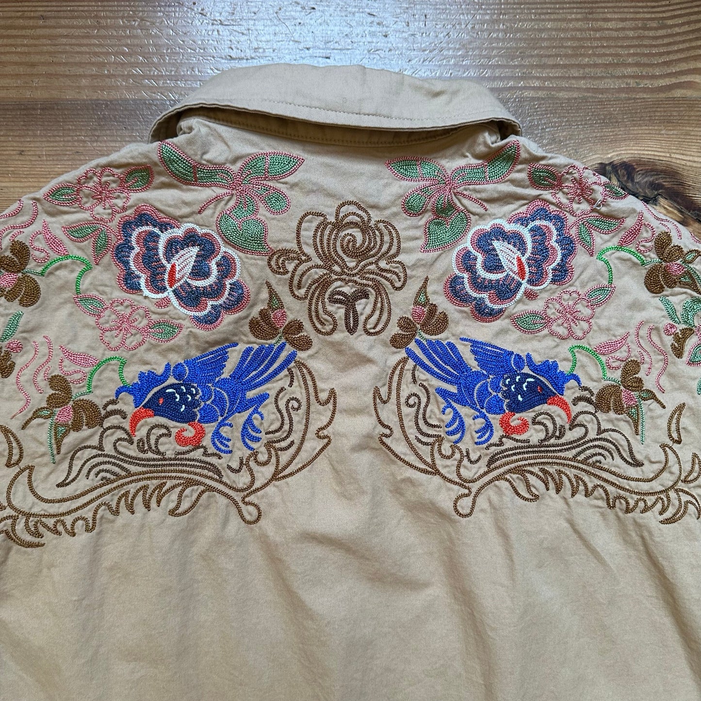 Shein beige floral embroidered long sleeve button up shirt SIZE M