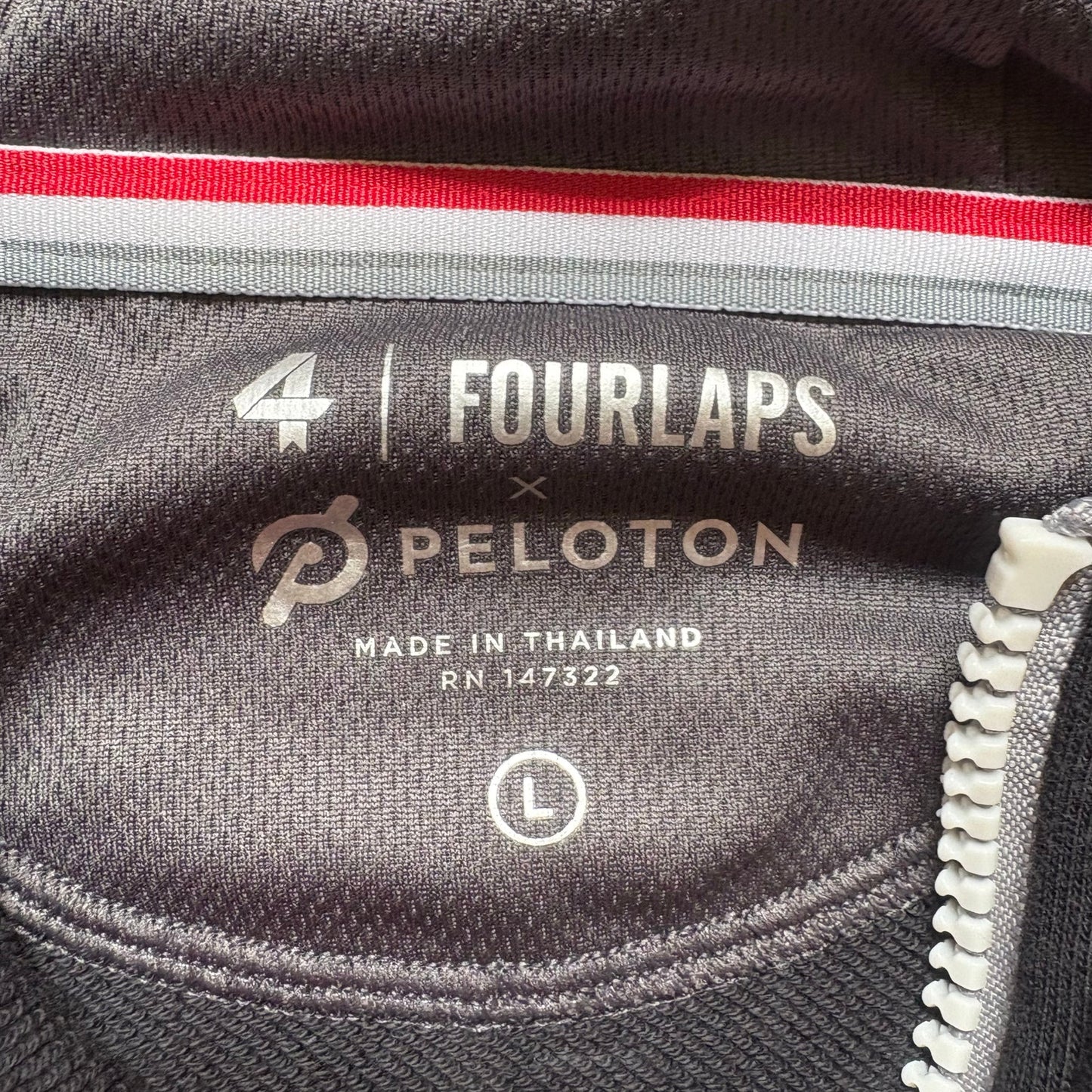 Fourlaps Peloton black gray lettering full zip mens hooded sweater SIZE L