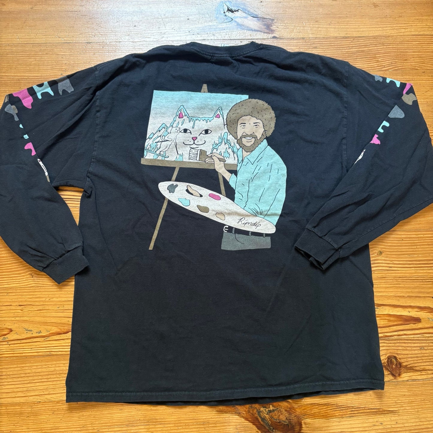 Ripndip Bob Ross painting cat graphic black long sleeve shirt SIZE XL