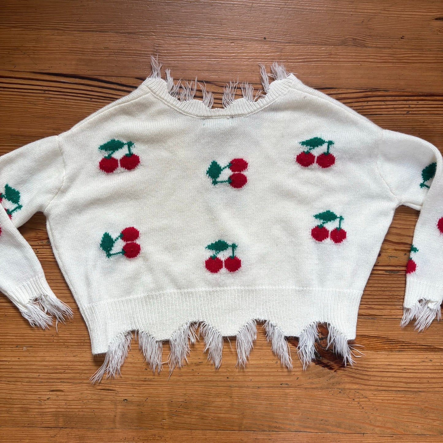 Just Polly white cherry distressed cropped v neckline sweater SIZE S