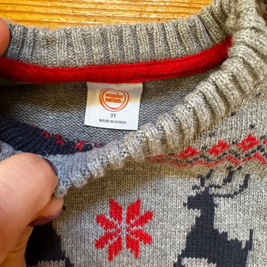 Wonder Nation gray Christmas winter reindeer knit crew sweater SIZE 3T