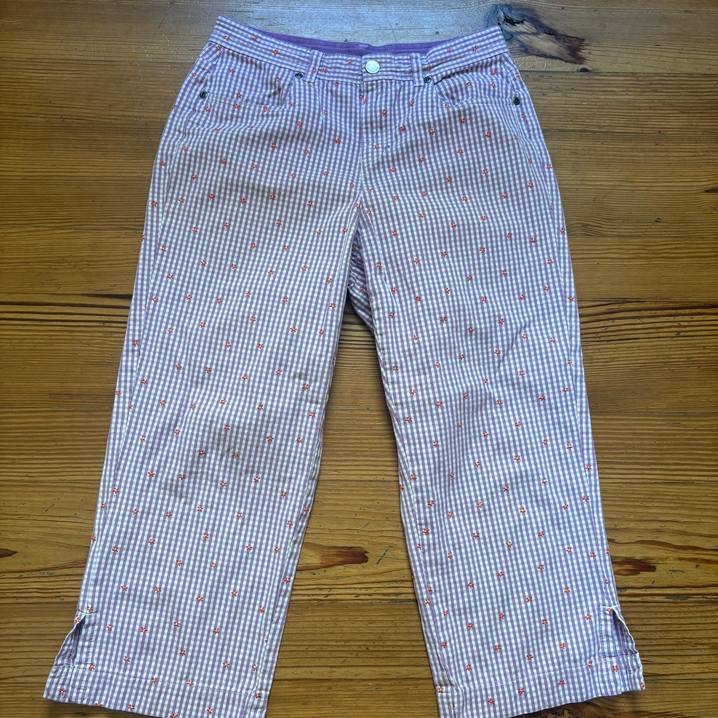 Liz Claiborne purple check gingham floral embroidered cropped pants SIZE 8