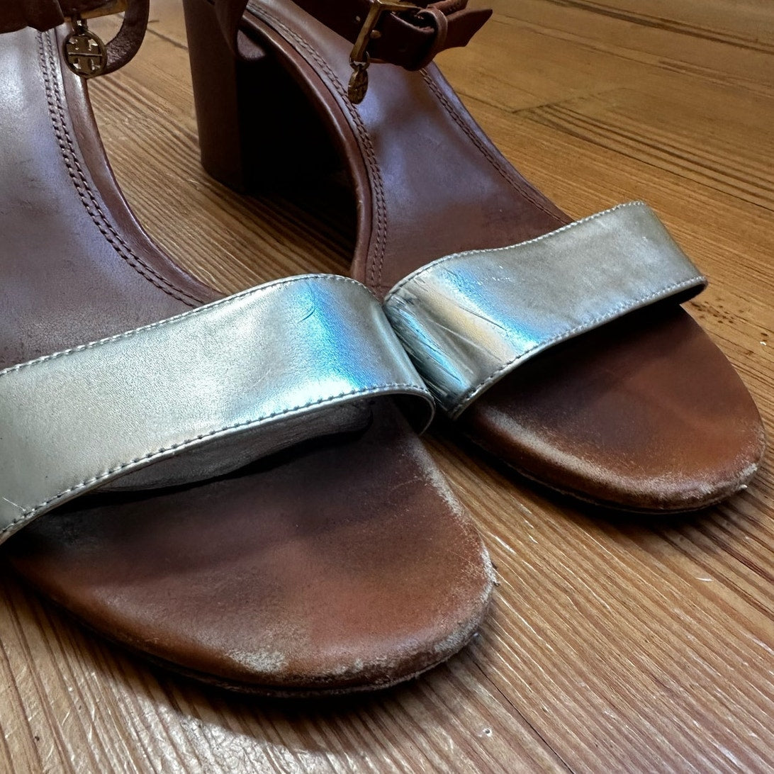 Tory Burch Laurel brown leather blocked heeled gold strap sandal SIZE 9.5