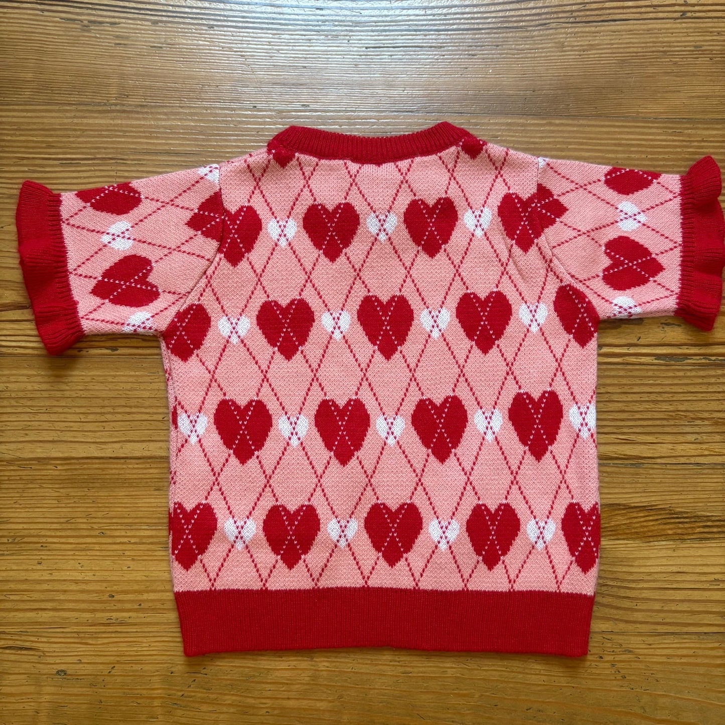 Runway red pink argyle heart knit short ruffle sleeve girls sweater SIZE 8
