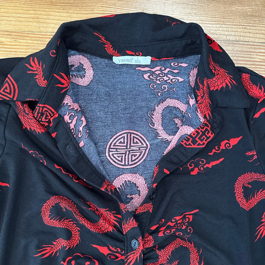 Timing black red Asian print long sleeve button down ruched dress SIZE L