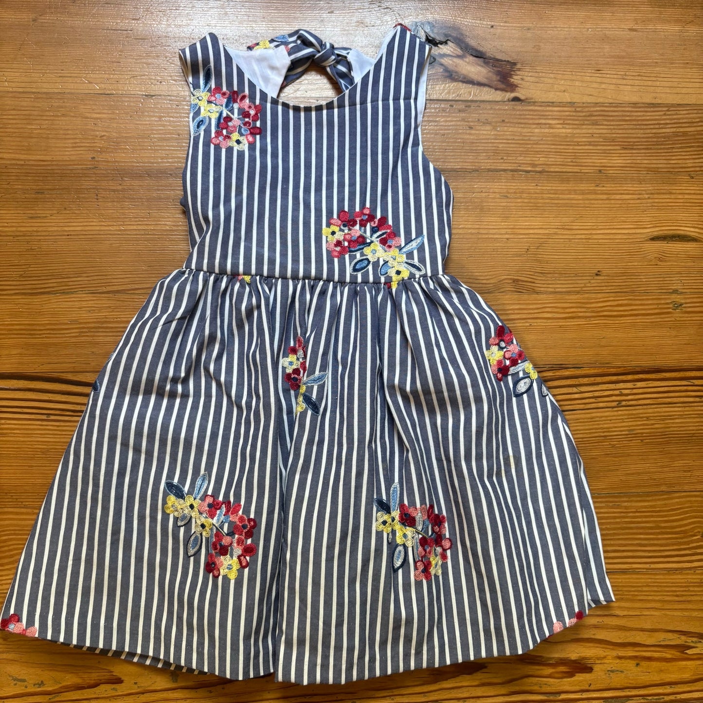 Rare Editions blue white striped embroidered floral tank girls dress SIZE 7