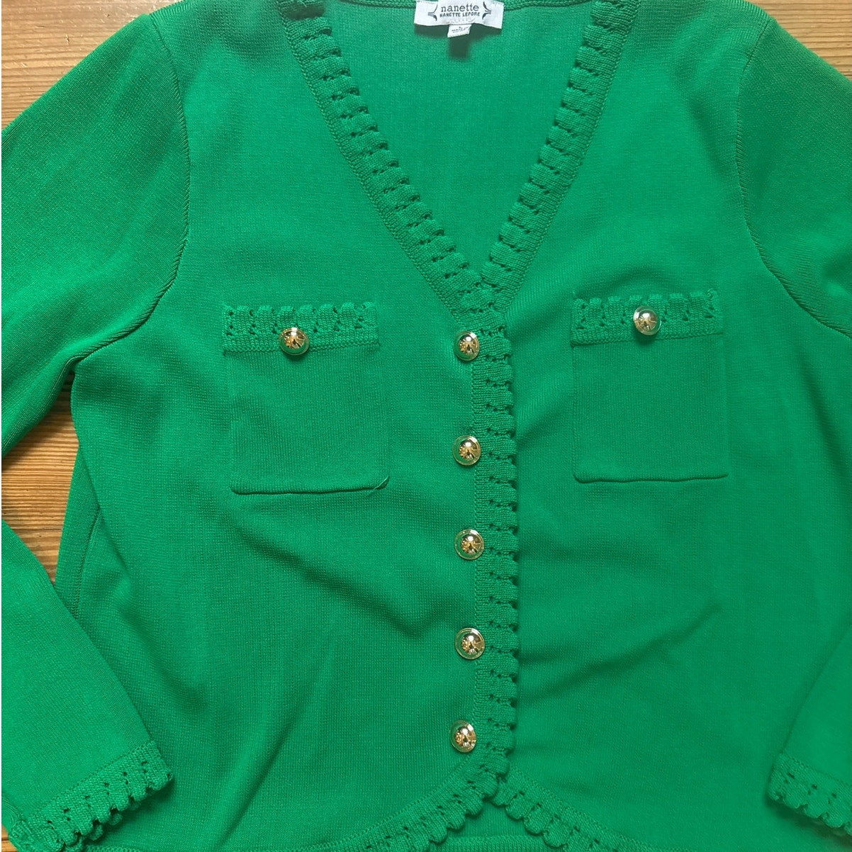 NANETTE Nanette Lepore bright green gold button cardigan sweater SIZE L