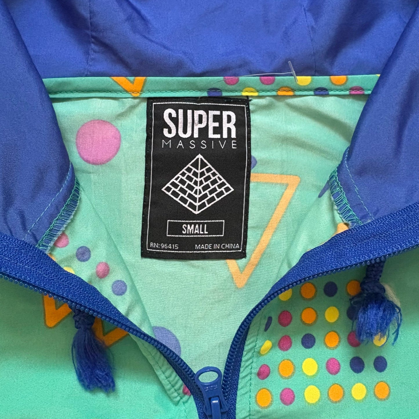 Massive 90s green teal blue shapes hooded pullover adult jacket SIZE S