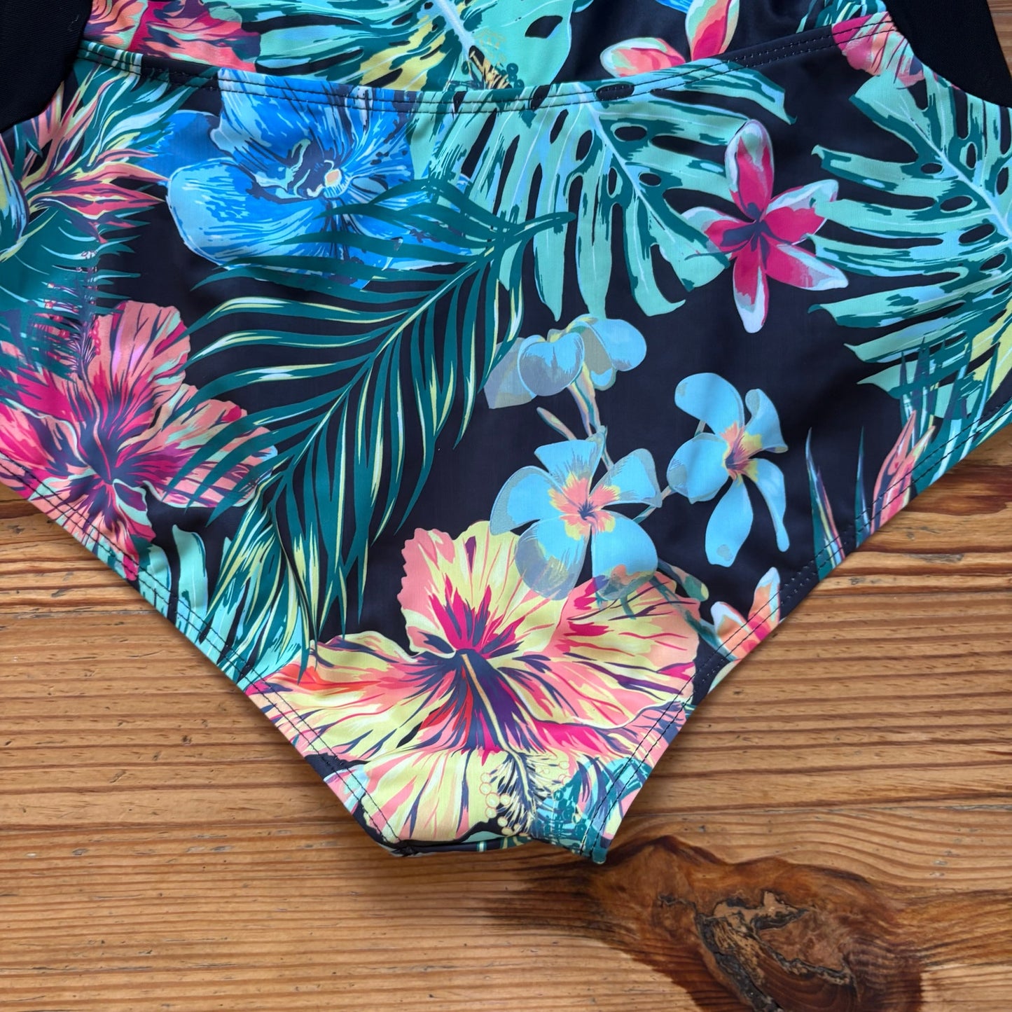 Shein black tropical floral long sleeve rashguard one piece swimsuit SIZE XL